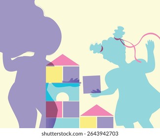 Silhouettes of sisters or little baby girls as playing in cubes, silhouette vector stock illustration from Authentic Family