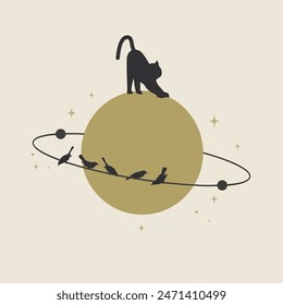 Silhouettes of the sitting birds on a planet. Saturn rings heavenly elements mystic illustration. 2d cartoon animal card