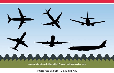 Silhouettes of six commercial airplanes in various flying poses on gradient sky background, vector illustration for aviation, travel, and transportation design themes.