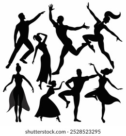 Silhouettes of six dancers in different poses.  A versatile illustration for your projects, perfect for dance studios, websites, and more! Use it for posters, flyers, brochures, and social media.