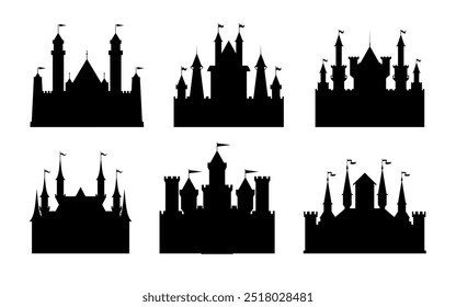 Silhouettes of six different castles with towers and flags. Ideal for medieval themes, fantasy illustrations, storytelling, game design, and historical studies. Simplistic style