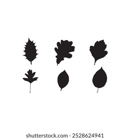 Silhuetas de seis folhas diferentes isoladas sobre fundo branco. Ilustração vetorial botânica para design. 