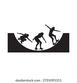 Silhuetas de um skatista em movimento, executando truques dinâmicos dentro de um halfpipe preto contra um fundo branco.