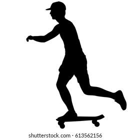 Silhouettes skateboarder performs jumping on a white background.