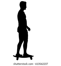 Silhouettes skateboarder performs jumping on a white background.