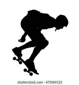 Silhouettes a skateboarder performs jumping. Vector illustration.