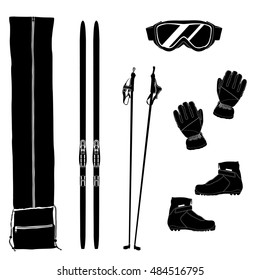 Silhouettes of ski equipment icons. Black and white vector illustration