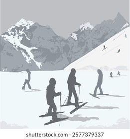 Silhouettes of skiers and mountains. Recreation and sport.