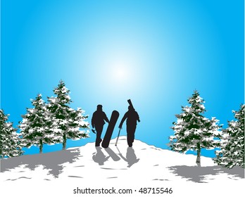 silhouettes of skiers and snowboarder on the mountain