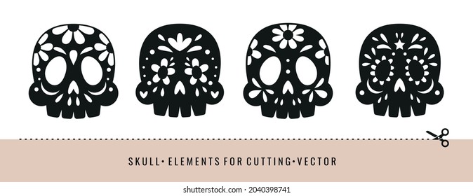 Silhouettes of skulls with decorative patterns. Templates for laser cutting, paper cutting. Decoration for Halloween or Day of the Dead. 