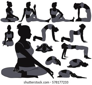 Silhouettes of slim girl in costume practicing yoga stretching and twisting her spine. Vector icons of woman in different yoga poses isolated on white background.