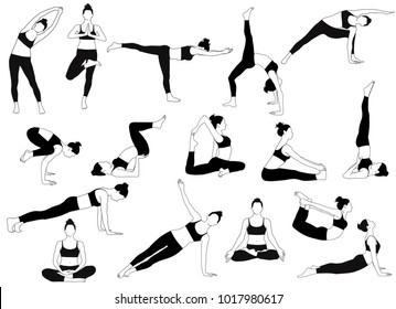 Silhouettes of slim girl practicing yoga stretching exercises. Shapes of woman in costume doing yoga fitness workout. Set of yoga positions.  