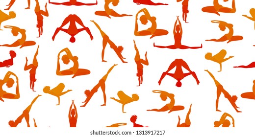 Silhouettes slim girl practicing yoga stretching fitness, gymnastics exercise. Forms of women doing yoga fitness workout. Pattern A set of yoga positions. - Vector graphics