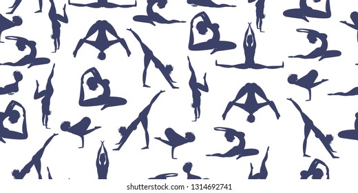 Silhouettes slim girl practicing yoga stretching fitness, gymnastics exercise. Forms of women doing yoga fitness workout. Pattern A set of yoga positions. - Vector graphics