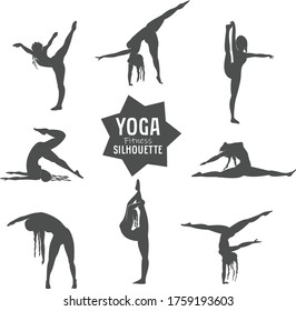 Silhouettes of slim girl practicing yoga stretching exercises. Shapes of woman doing yoga fitness workout. Set of yoga positions. Vector Art work
