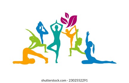 Silhouettes of slim girl practicing yoga stretching exercises. Shapes of woman doing yoga fitness workout. Set of yoga positions