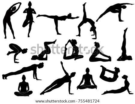 Silhouettes of slim girl practicing yoga stretching exercises. Shapes of woman doing yoga fitness workout. Set of yoga positions.  