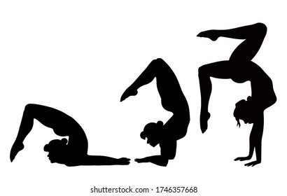 Silhouettes of slim girls doing acrobatic elements. Vector icons of woman in gymnastic pose. Yoga and acrobatic illustration.