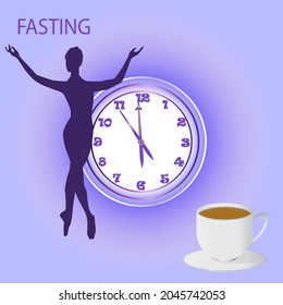 Silhouettes of a slim woman, watch, cup of coffee - vector. Diet concept. Intermittent fasting