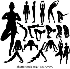 Silhouettes of slim young girl practicing yoga stretching exercises. Shapes of woman doing yoga fitness workout standing on floor. Complex of yoga positions. Yoga asanas sequence. 