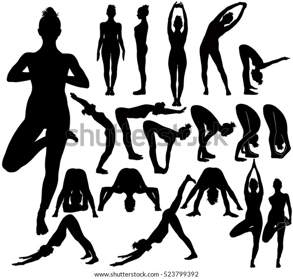 ヨガのストレッチ練習をするスリムな若い女の子のシルエット 床に立ってヨガフィットネスをする女性の形 ヨガ の位置が複雑 ヨガアザナのシーケンス のベクター画像素材 ロイヤリティフリー 523799392