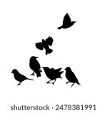 Silhouettes of small birds standing and flying. hand drawing. Not AI, Vector illustration.