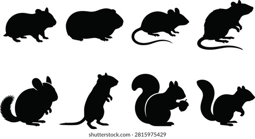 Silhouettes of Small Mammals Including Hamster, Guinea Pig, Mouse, Rat, Chinchilla, Gerbil, and Squirrels with Acorn