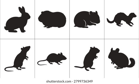 Silhouettes of Small Mammals Including Rabbit, Guinea Pig, Hamster, Ferret, Rat, Mouse, Gerbil, and Chinchilla