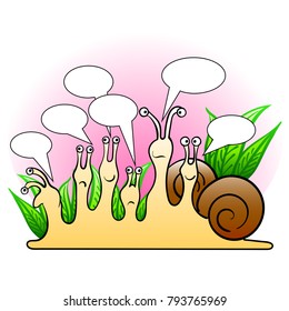 Silhouettes of snails on a white background. Graphic drawing humanized animals hardly standing and looking in different directions and at each other. The love of two snails.