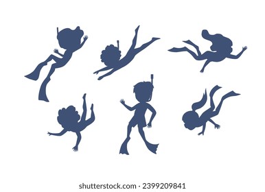 Silhouettes of snorkeling children, set of flat vector illustrations isolated on white background. Black spots in the shape of diver kids in flippers underwater. Design for diving and underwater sport