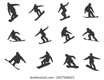 Silhouettes of snowboarder isolated on white background