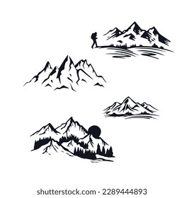 silhouettes snow  capped mountain peaks  linear vector black   white drawing EPS 10