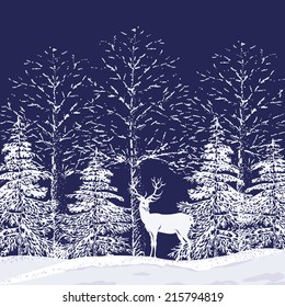 Silhouettes of snowy trees and fir trees in the forest and reindeer on a dark blue background