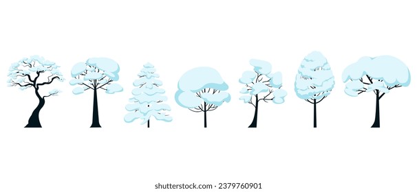 Silhouettes of snowy winter trees of various species. Vector illustration of horizontally placed isolated objects. Hand drawn vector graphics