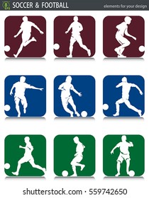 Silhouettes of soccer action players with the ball, eps8