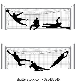 Silhouettes Of Soccer Goalkeeper In Action. Vector Image 