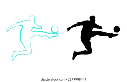 Silhouetten eines Fußballspielers, der einen Ball kippt. Schwarze Silhouette und Silhouette.