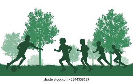 Silhouettes of soccer players boys, kicking ball on background of trees. Street game. Vector illustration