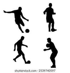 Silhouettes of soccer players capturing dynamic movements with a ball. Perfect for illustrating athleticism, teamwork, and the spirit of soccer. Ideal for sports-related designs and creative projects.