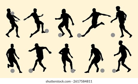 Silhouettes of soccer players performing various actions with a ball on a light background.