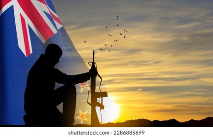 Silhouettes of a soldier kneeling down with New Zealand flag against the sunset. Background fo memorial day. EPS10 vector