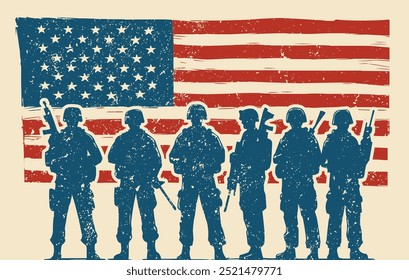 Silhouettes of Soldiers with American Flag, military soldiers in silhouette, standing in front of a distressed American flag backdrop. vector banner illustration