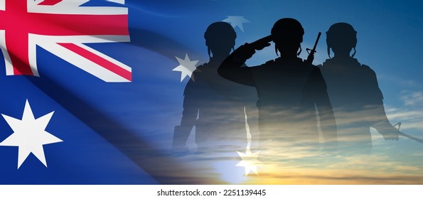 Siluetas de soldados con bandera australiana al fondo de la puesta de sol. Concepto - Fuerza Armada. Vector EPS10