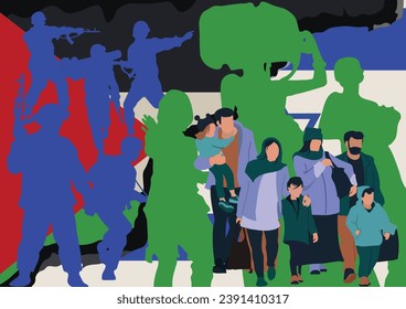 silhouettes of soldiers and civilians in the war in the Gaza Strip. Refugees background people, kids, children and parents family