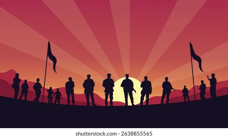 Silhouettes of soldiers with flags at sunset honoring American military pride