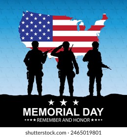 Silhouettes of soldiers with USA flag. Greeting card for Veterans Day, Memorial Day, Independence Day