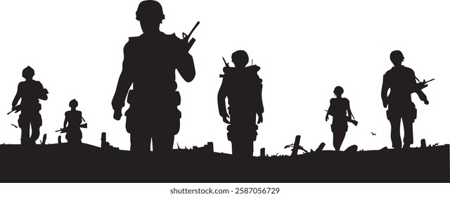  silhouettes of soldiers walking in a field vector illustration Adobe Illustrator Artwork