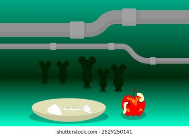 Silhouettes of some mice looking at an empty plate and an apple with some worm cartoon style