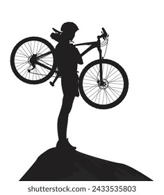 silhouettes someone lifting a mountain bike. poster banner logo illustrator. at the top. black isolated white background