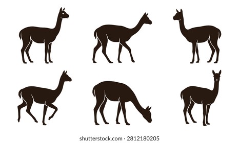Vicuña silhouettes, South American camelid vector graphics on a white background